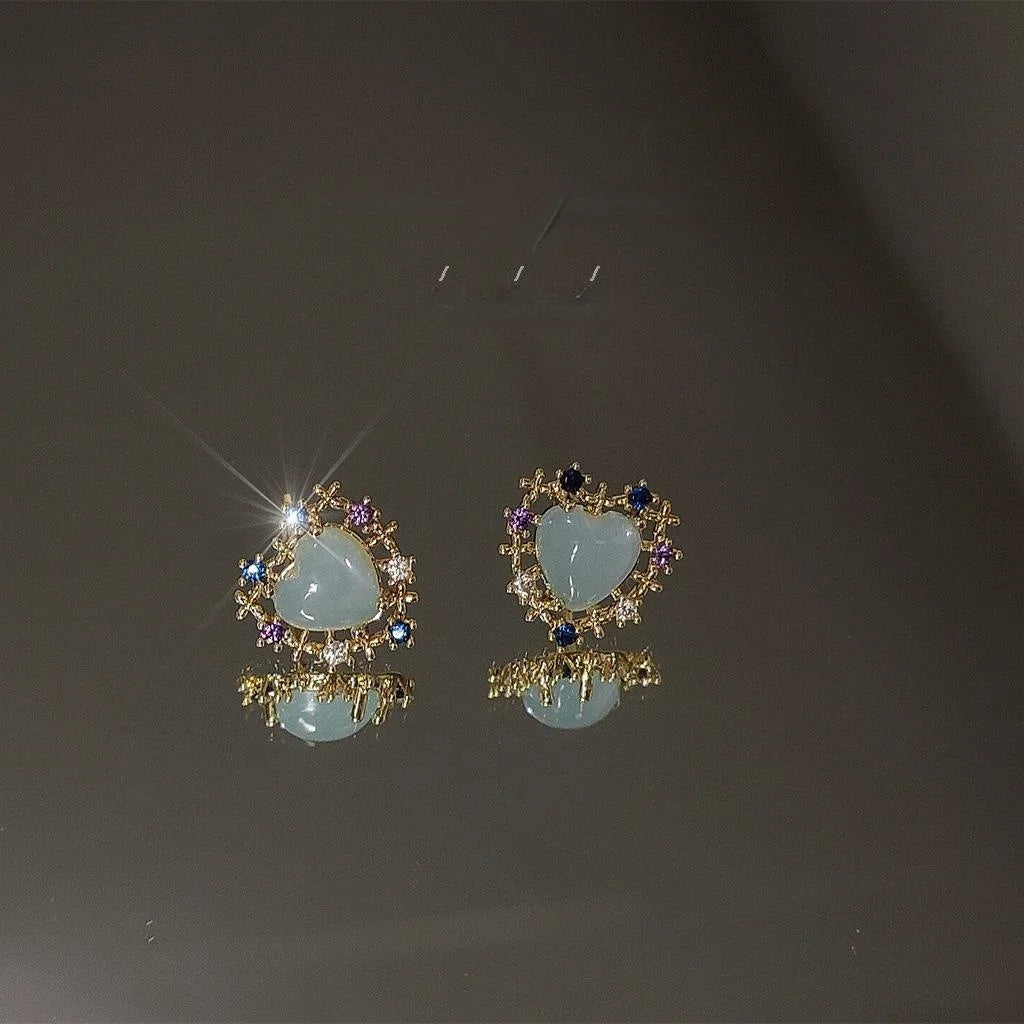 Micro Pave Heart Zircon Stud Earrings 14K Plated Sweet Cool Trendy Ear Jewelry