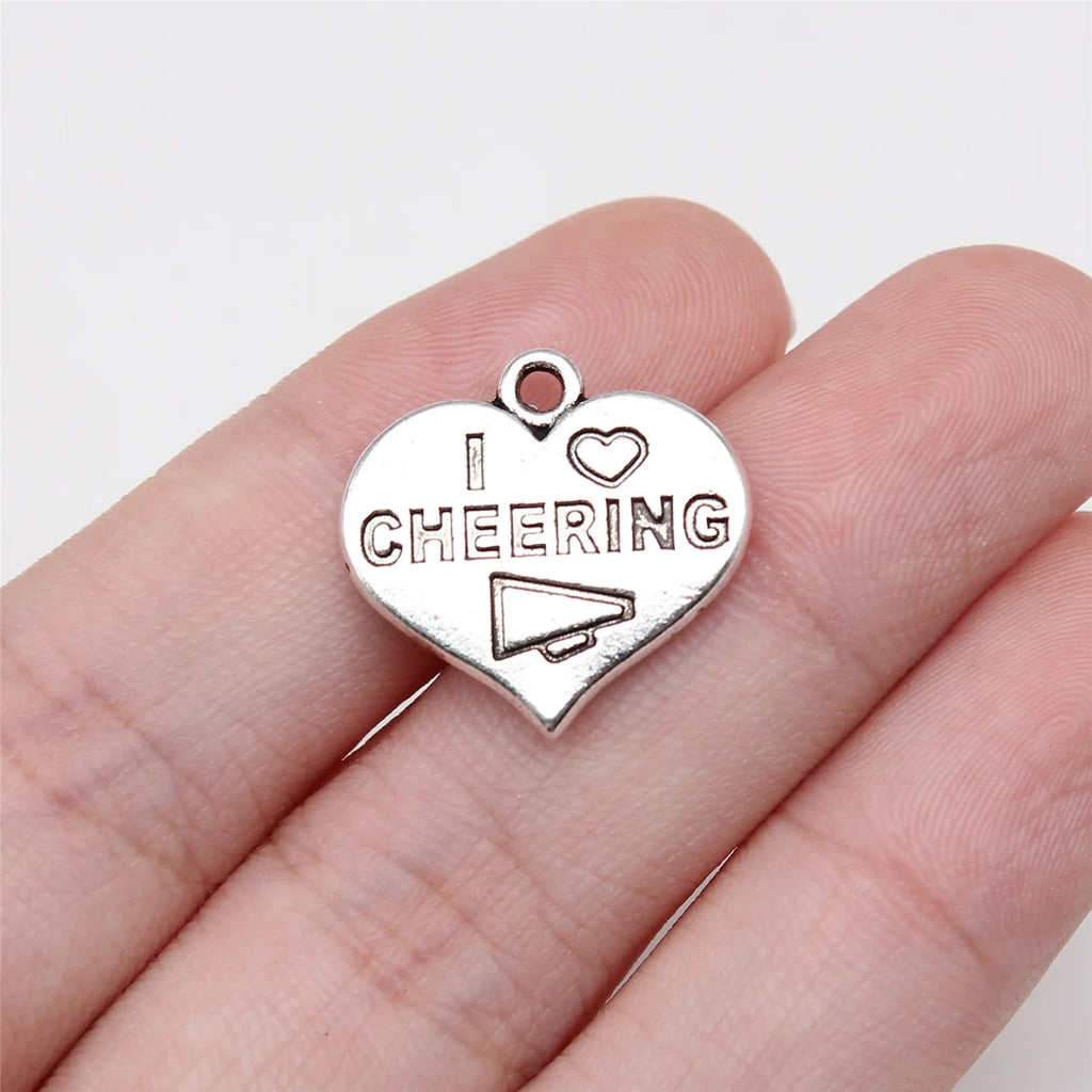 18x19mm 3g Antique Silver Zinc Alloy I Love CHEERING Charm Pendant for DIY Sports Theme Jewelry Making
