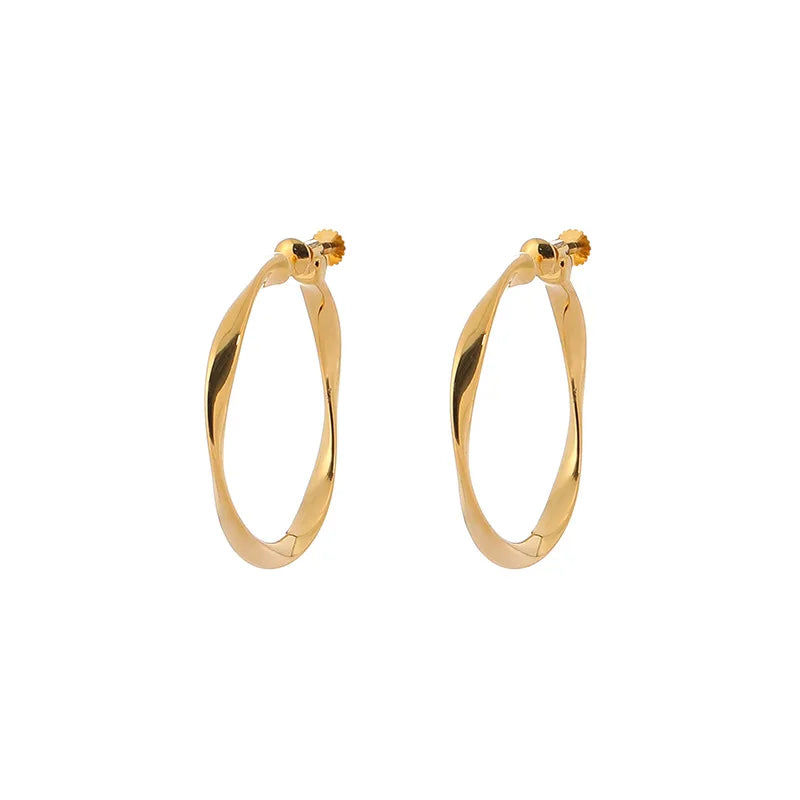 Elegant Gold Alloy Twisted Wave Hoop Stud & Clip On No Piercing Minimalist Commuter Circle Earrings