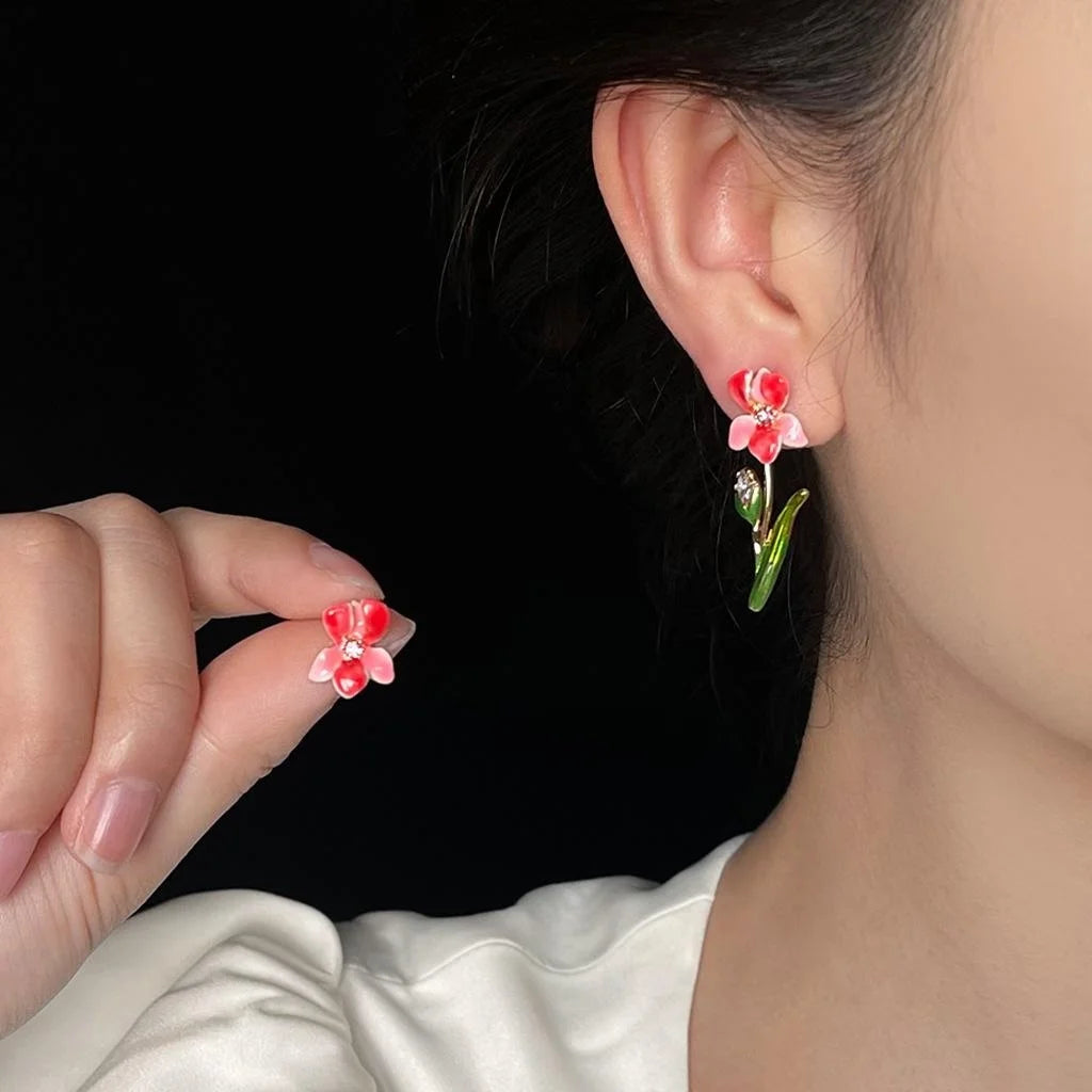 Asymmetric Iris Flower Enamel Copper 14K Plated Sweet Drop Earrings