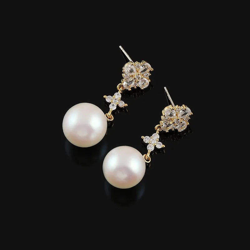 Elegant Gold Tone Flower Zircon Faux Pearl Long Drop Stud & Clip On No Piercing Dangle Earrings