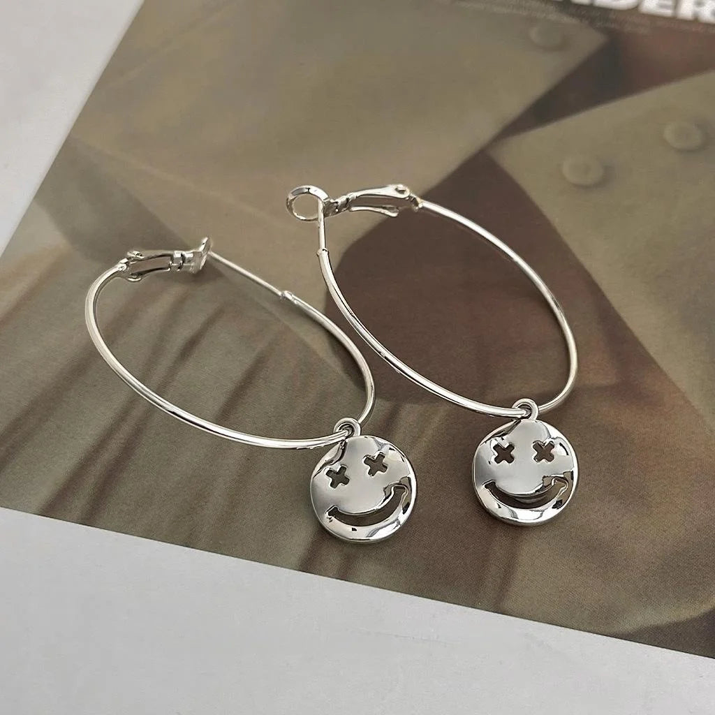 Sweet Cool Smiley Face Geometric Copper Hoop Earrings, Niche Designer Circle Jewelry