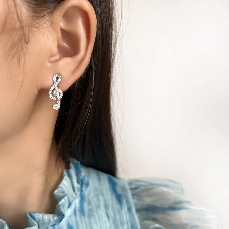 Luxury Elegant Asymmetric Music Note Zircon Stud & Clip On No Piercing Treble Clef Drop Earrings