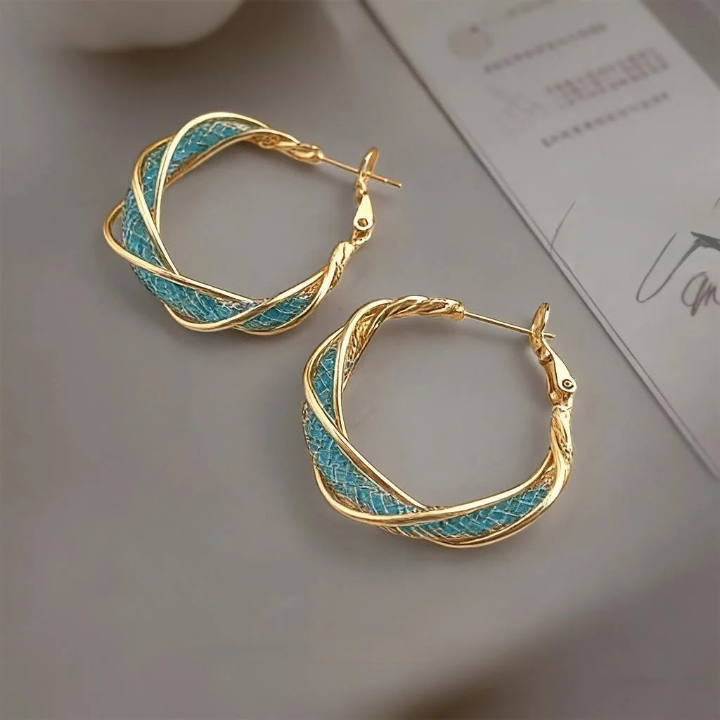 Chic Statement Aquamarine Zircon Crystal Twisted Geometric Copper Hoop Earrings