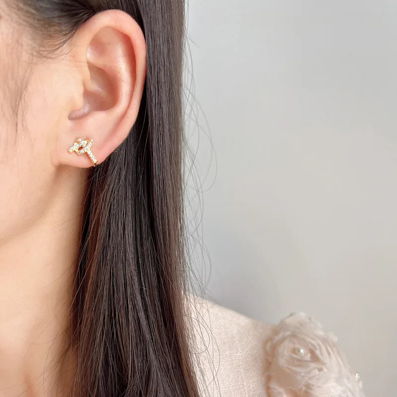 Elegant Pave Zircon Heart Knot Spiral Gold Alloy Stud & Clip On No Piercing Fashion Earrings