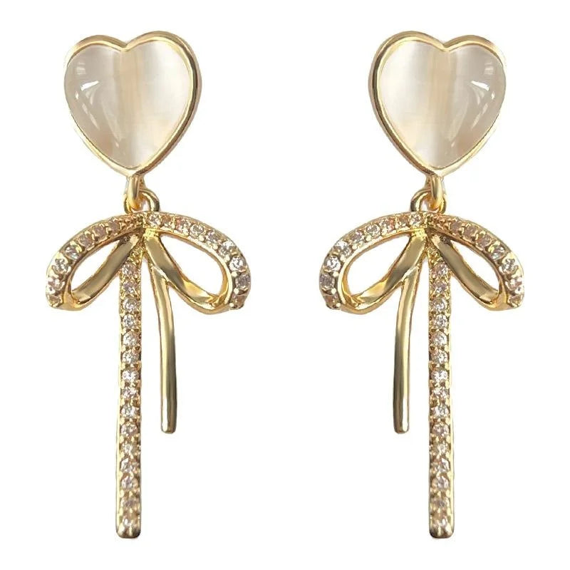 14K Plated Copper Bow Heart Drop Earrings With Glass Cat Eye Stone And Micro Pave Zircon For Women