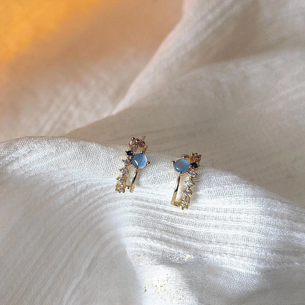 French Light Luxury 14K Plated Ring Stud Earrings With Zircon Glass Cat Eye Stone For Women