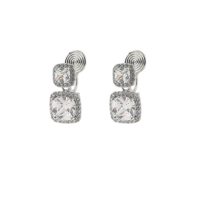 Luxury Square Zircon Rhinestone Drop Stud & Clip On No Piercing Geometric Spiral Women's Earrings