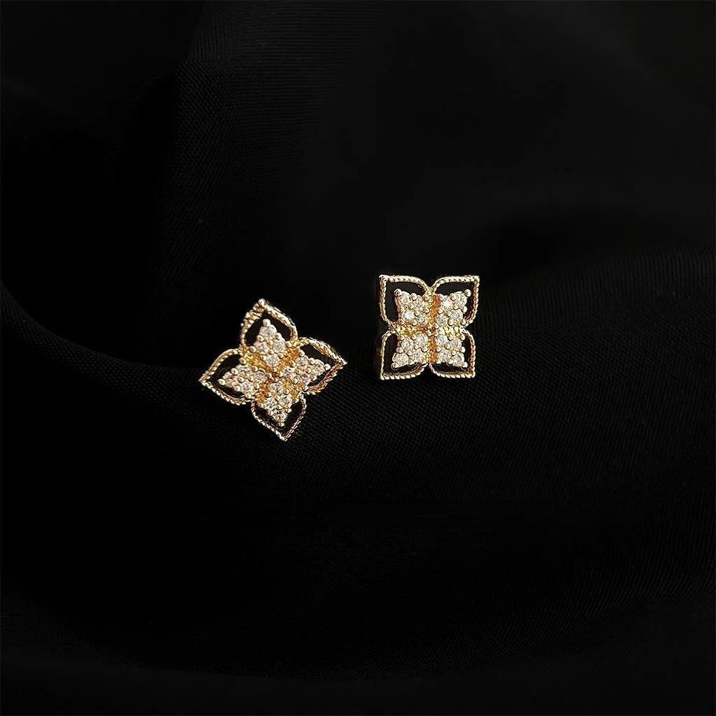 14K Gold Plated Copper Micro Pave Zircon Floral Geometric Stud Earrings, French Minimalist Jewelry