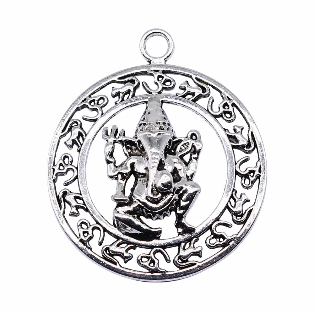 38x38mm 7.1g Antique Silver Zinc Alloy Indian Elephant OM Charm Pendant for Boho DIY Jewelry Making