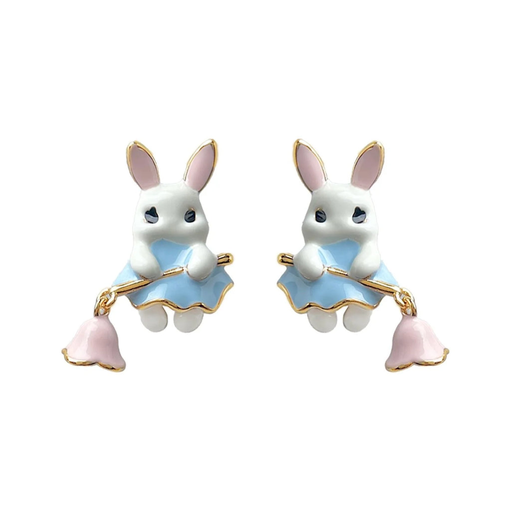 Cute Rabbit Fairy Enamel Hand Painted Eco-Friendly Copper Lolita Stud Earrings