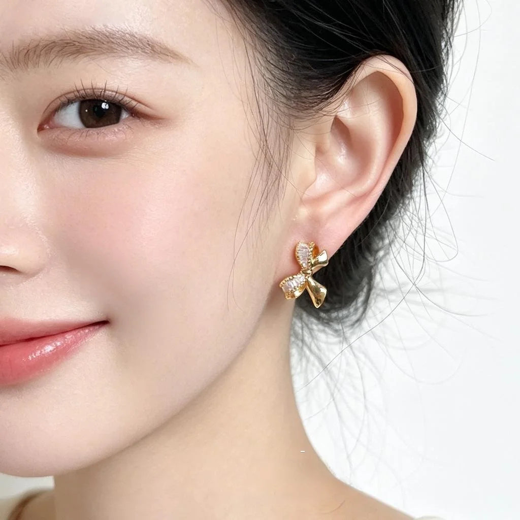 14K Gold Plated Copper Micro Pave Zircon Bow Stud Earrings Light Luxury Minimalist Jewelry