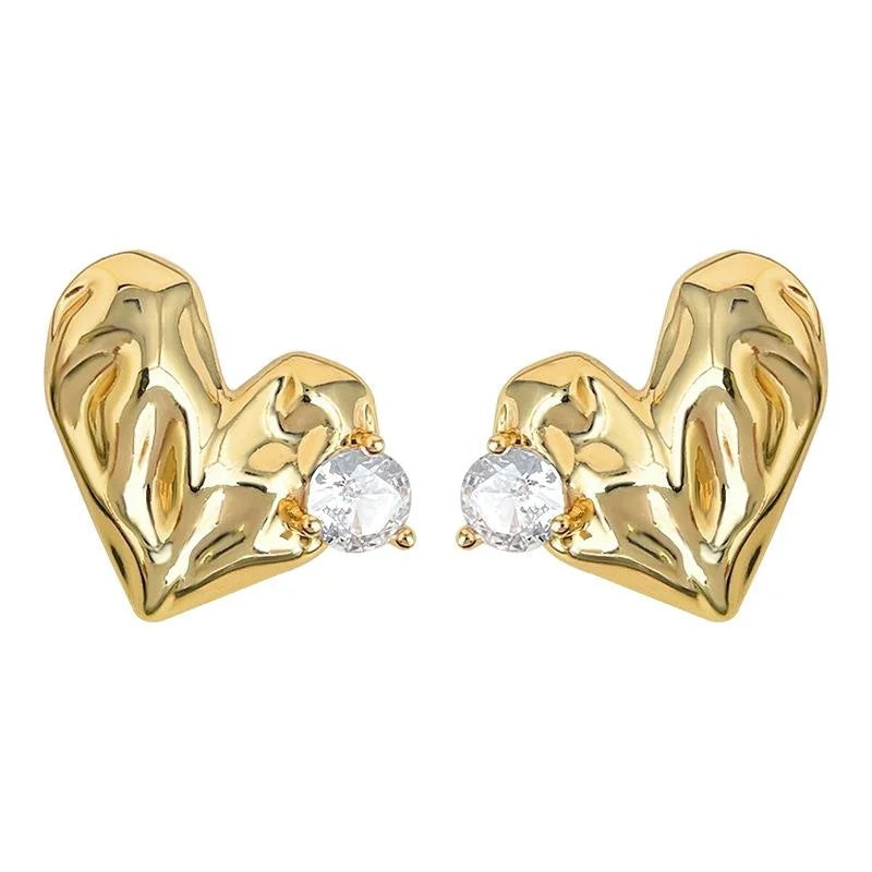 Light Luxury Textured Heart Geometric Micro Pave Zircon Copper Stud Earrings