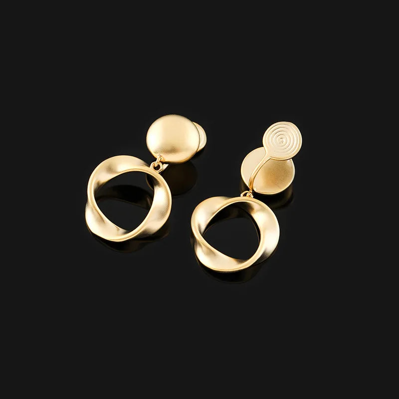 Elegant Matte Gold Alloy Twisted Circle Hoop Drop Stud & Clip On No Piercing Geometric Earrings
