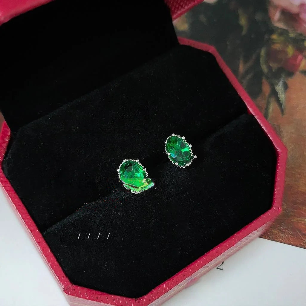 Mini Emerald Green Oval Zircon Pave Copper Stud Earrings With Silver Plated Pins