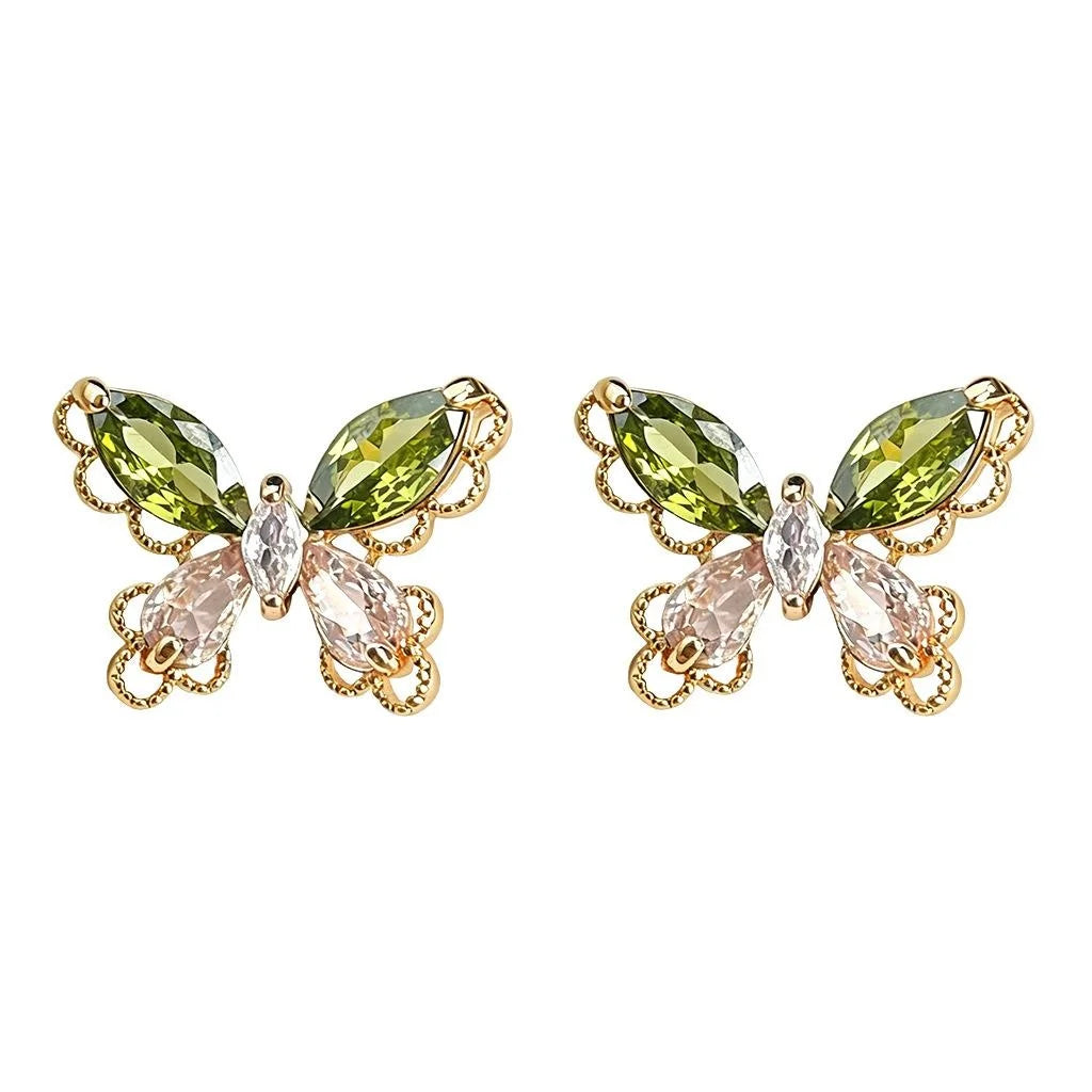 Light Luxury Forest Style Olive Green Zircon Butterfly Copper Stud Earrings for Women