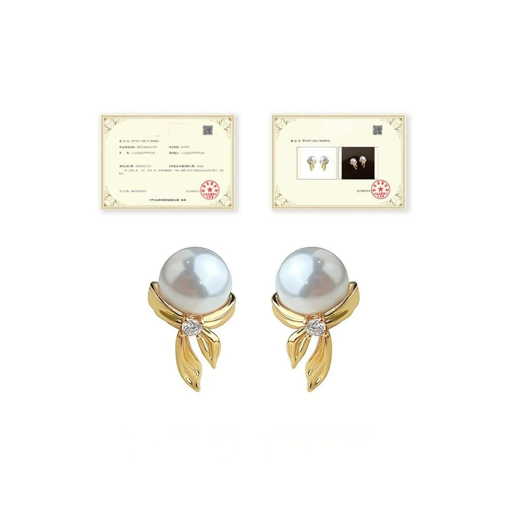 Original Designer Bow Stud Earrings With Copper, Lustrous Pearl And Zircon, Elegant OL Style