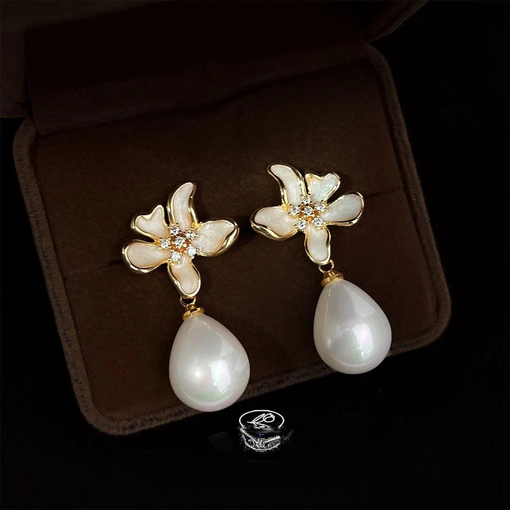 Elegant White Iris Flower Drop Earrings With Zircon Pave, Enamel, 14K Plated Copper And Pearl
