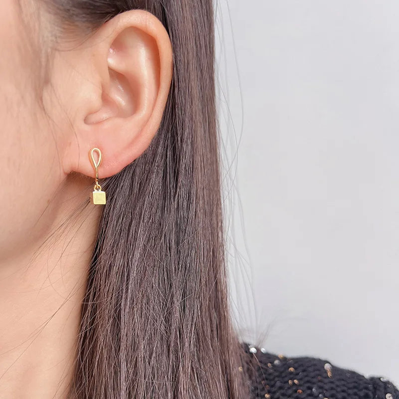 Elegant Gold Tone Alloy Spiral Disc With Square Cube Drop Stud & Clip On No Piercing Earrings