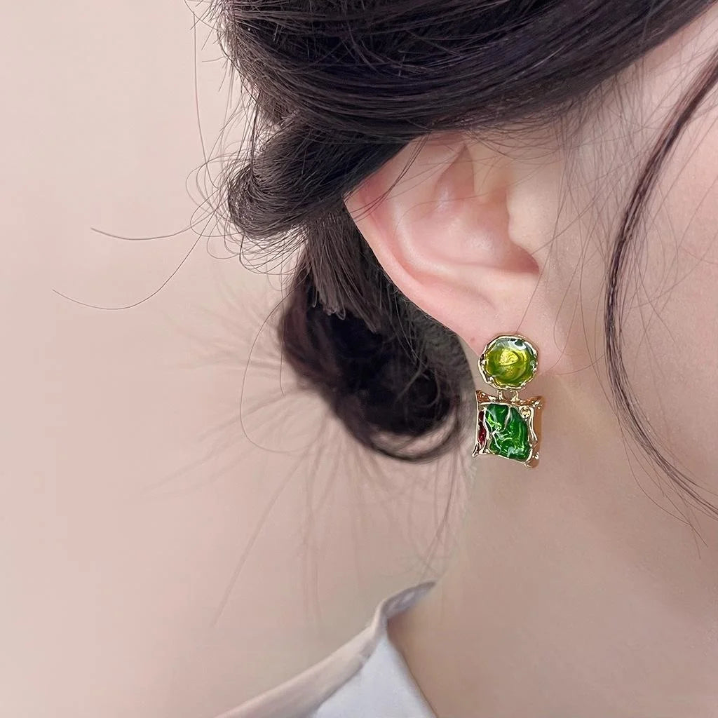 New Chinese Vintage Green Enamel Irregular Geometric Metal Drop Earrings