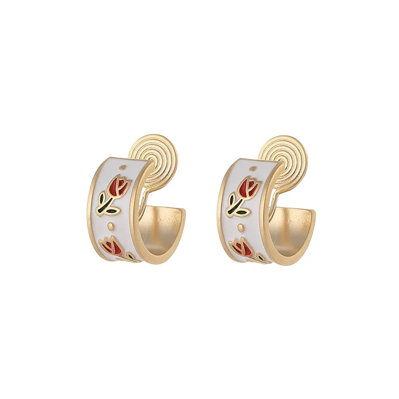 Elegant Vintage Tulip Enamel Wide Hoop Stud & Clip On No Piercing Alloy French Style Earrings