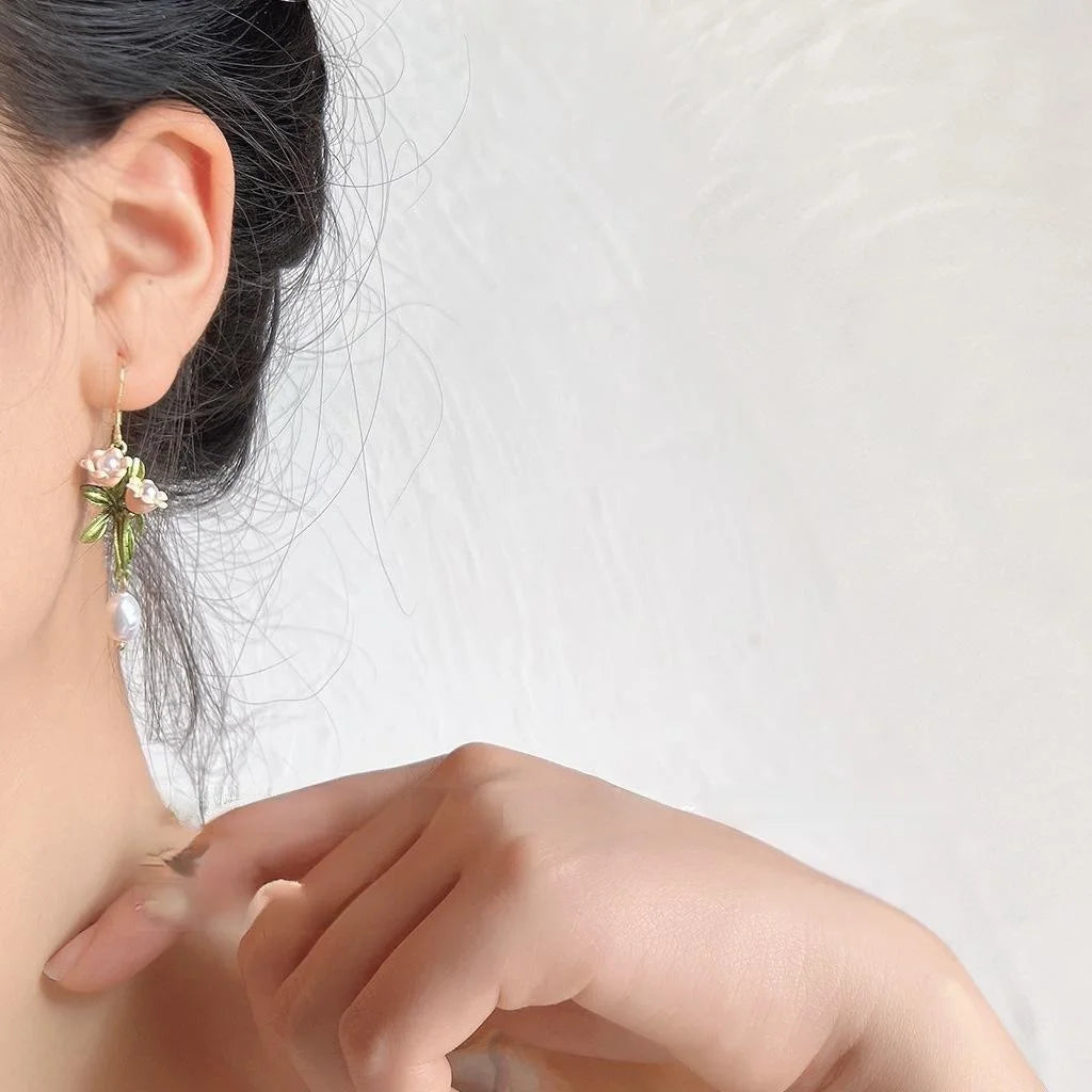 Freshwater Pearl Silver Plated Lily Of The Valley Asymmetric Drop Earrings French Handmade Jewelry