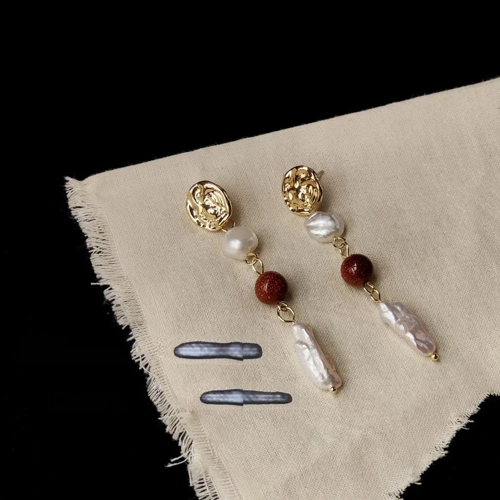 Vintage Handmade Irregular Freshwater Pearl Long Stud Earrings With Silver Plated Pins