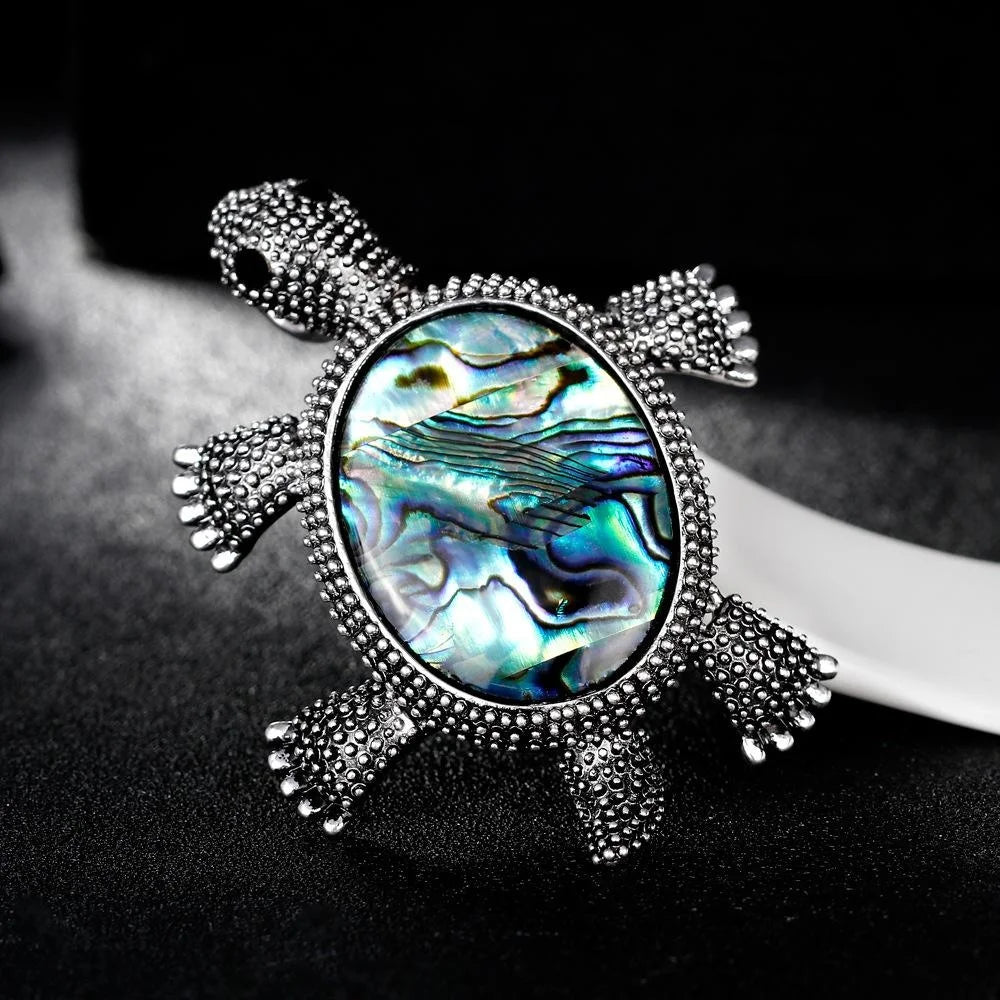 Vintage Turtle Brooch With Rhinestone Alloy Frame And Mother Of Pearl Shell, Elegant Lapel Pin Suit Accessory