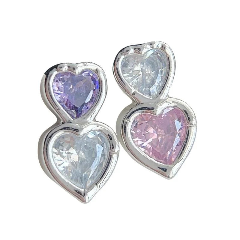 Korean Japanese Style Copper Micro Pave Zircon Colorful Heart Asymmetric Stud Earrings