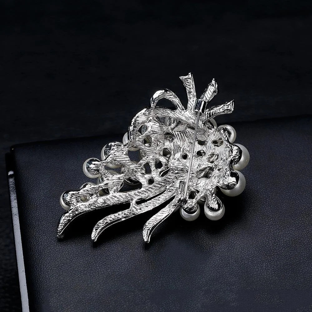 Elegant White Pearl Flower Bouquet Brooch With Rhinestone Alloy Branches, Luxury Lapel Pin Gift
