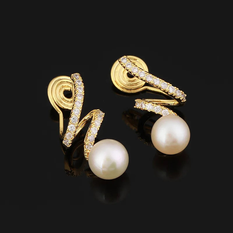 Elegant Zircon Curve Spiral Alloy Freshwater Pearl Stud & Clip On No Piercing Women's Fashion Earrings
