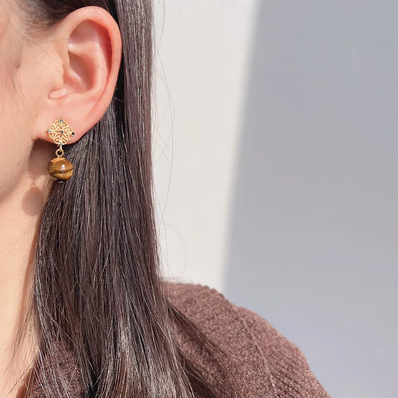Vintage Luxury Gold Alloy Filigree Disc With Black Rhinestone Tiger Eye Bead Drop Stud & Clip On No Piercing Earrings