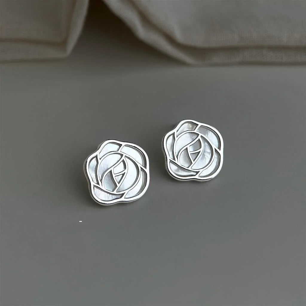 Elegant Silver Plated Copper Real Shell Hollow Rose Flower Stud Earrings For Women