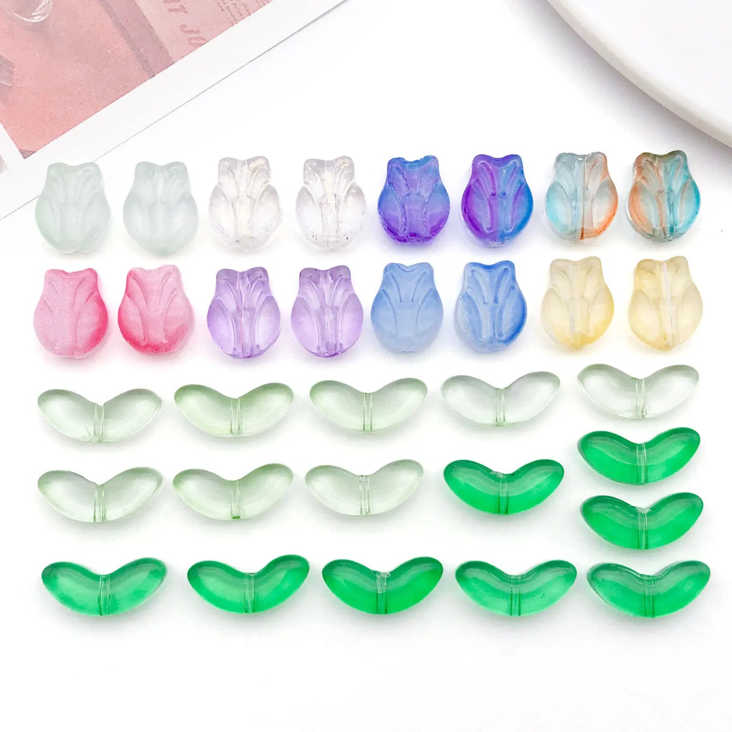 Gradient Glass Tulip Rose Flower Loose Leaf Beads for Bracelet, Necklace and Hair Accessories