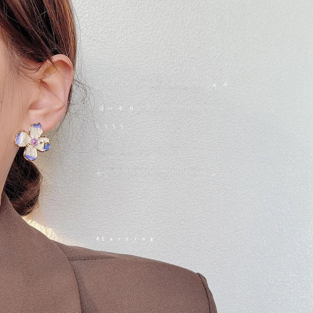 Sweet Forest Style Gradient Purple Enamel Flower Alloy Stud Earrings French Vintage Jewelry
