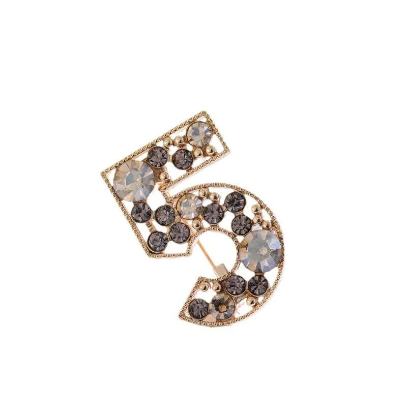 Elegant Number 5 Rhinestone Alloy Brooch Vintage Gold Tone Lapel Pin For Women's Suit Accessory Gift