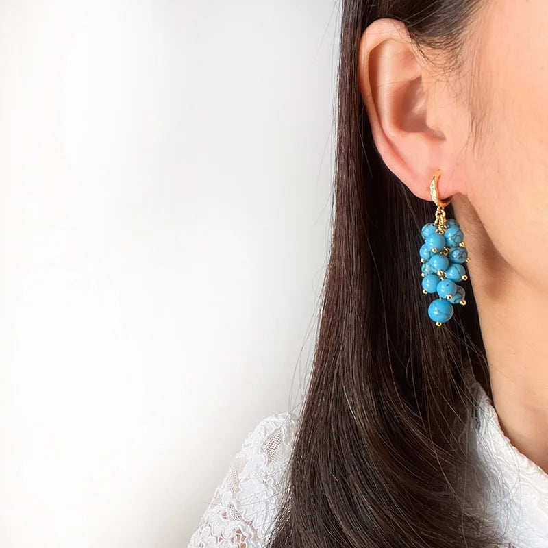 Elegant Blue Turquoise Stone Grape Cluster Dangle Stud & Clip On No Piercing Alloy Rhinestone Earrings