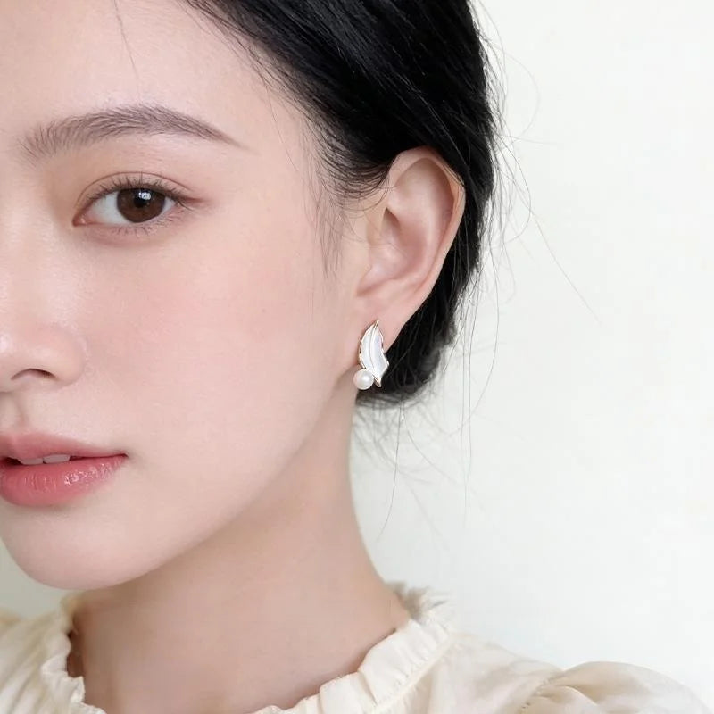 Elegant Forest Style White Leaf Glass Pearl Stud Earrings, Silver Plated Copper