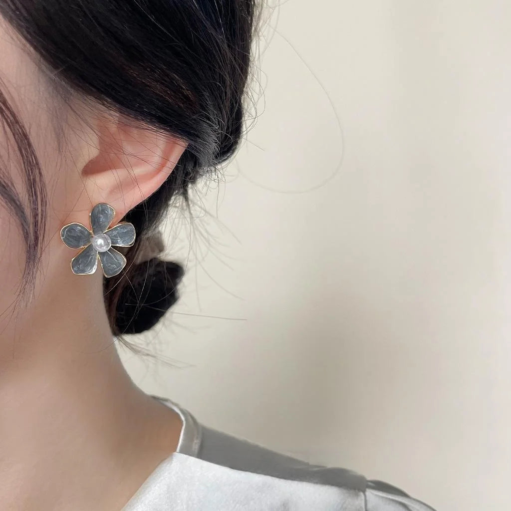 French Vintage Haze Blue Enamel Flower Pearl Alloy Stud Earrings For Women