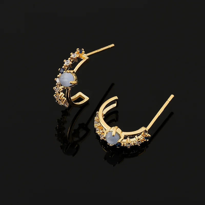Vintage Blue Cat Eye Stone Zircon C Hoop Stud & Clip On No Piercing Elegant Gold Alloy Earrings