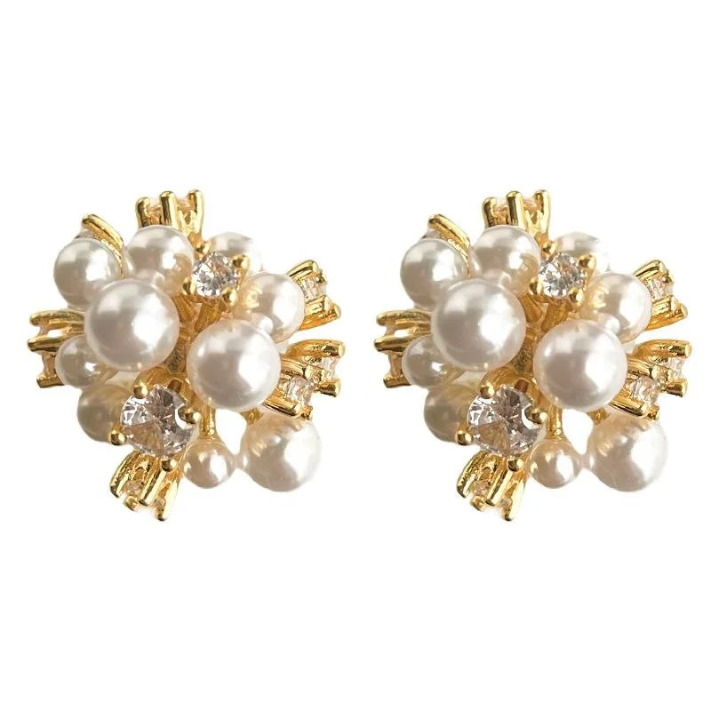14K Plated Copper Pearl Zircon Firework Flower Stud Earrings Elegant French Geometric Jewelry
