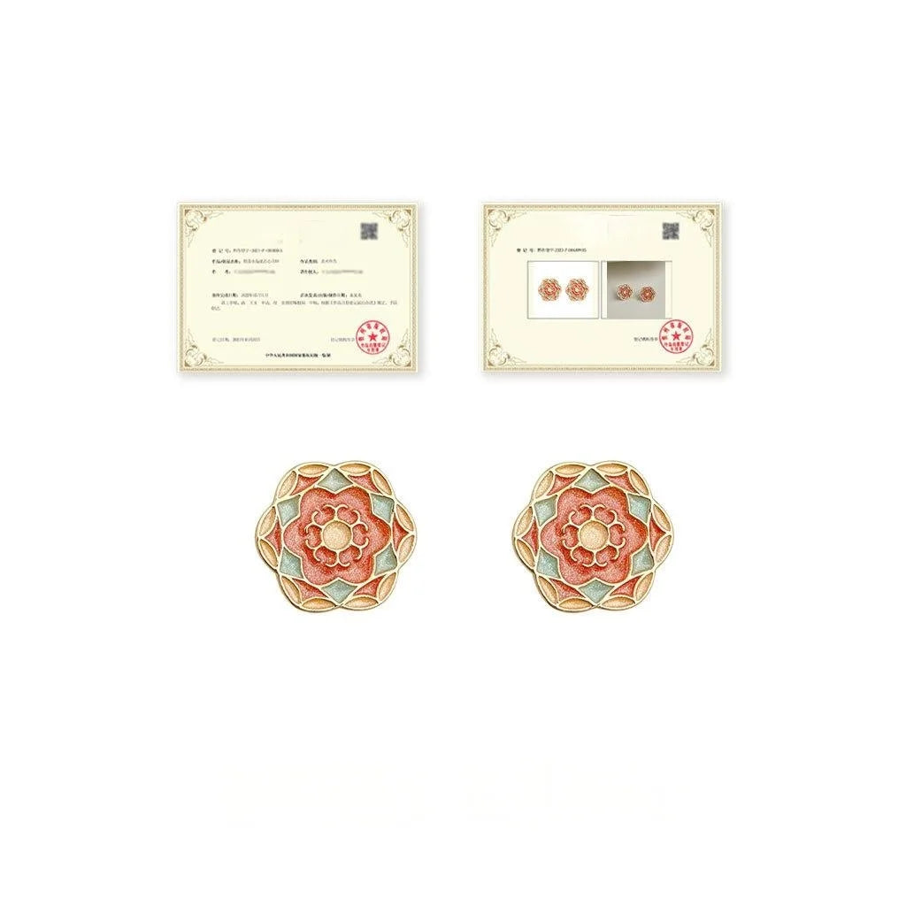 New Chinese Ethnic Enamel Flower Petal Copper Stud Earrings