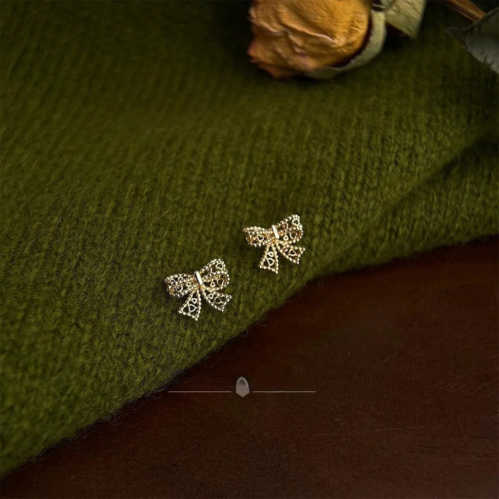 14K Gold Plated Copper Mini Hollow Bow Stud Earrings For Women