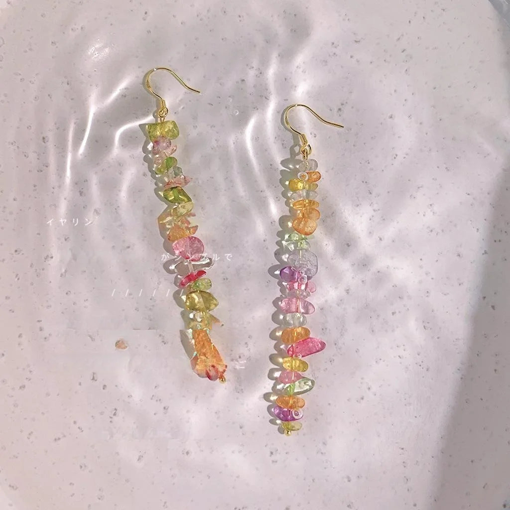 Handmade Sweet Dopamine Glass Chip Geometric Long Drop Earrings With Silver Plated Pins
