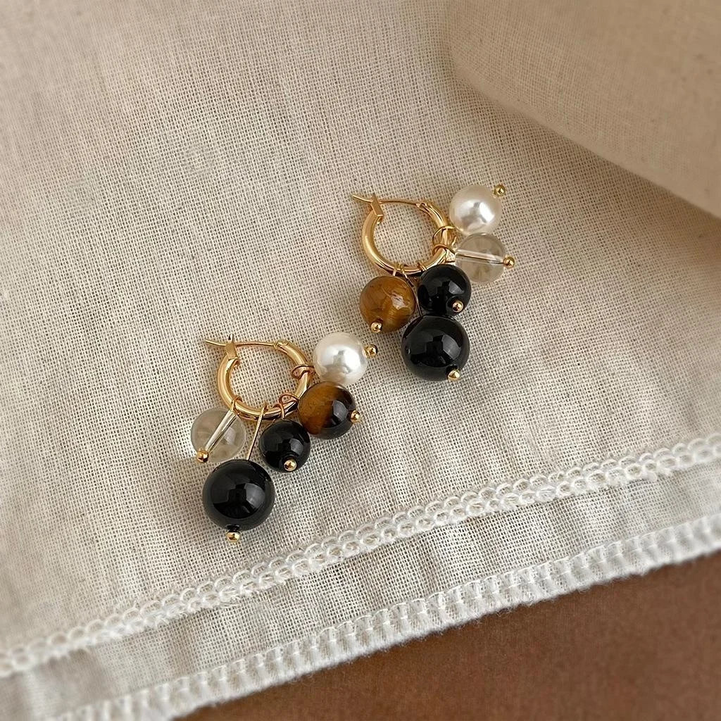 Maillard Style Tiger Eye Stone Glass Pearl Geometric Round Copper Drop Earrings