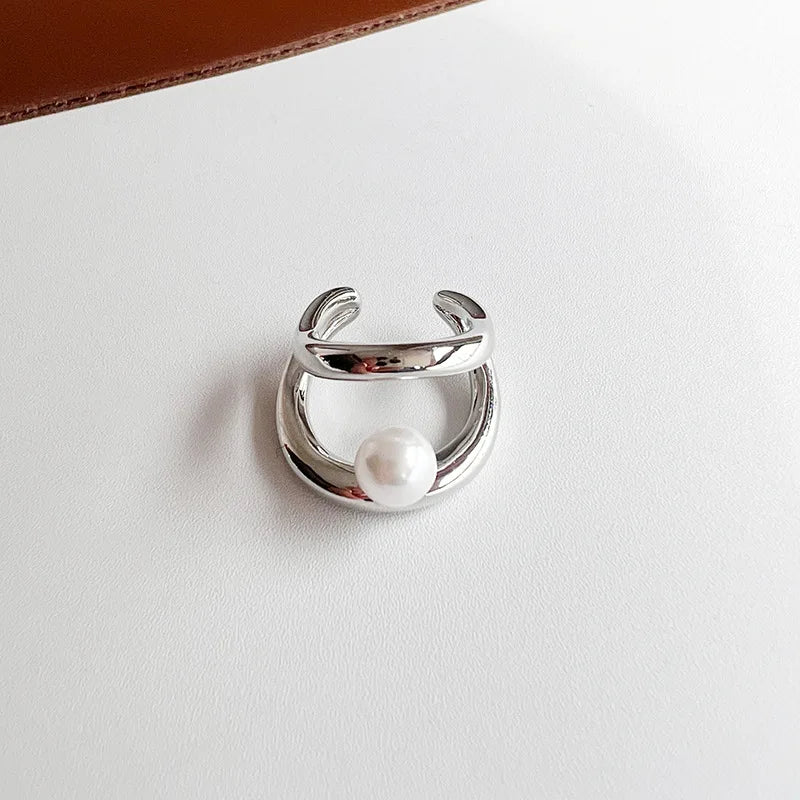 Elegant Minimalist Pearl Double Hoop Ear Cuff Alloy Metal Line Stud & Clip On No Piercing Earrings