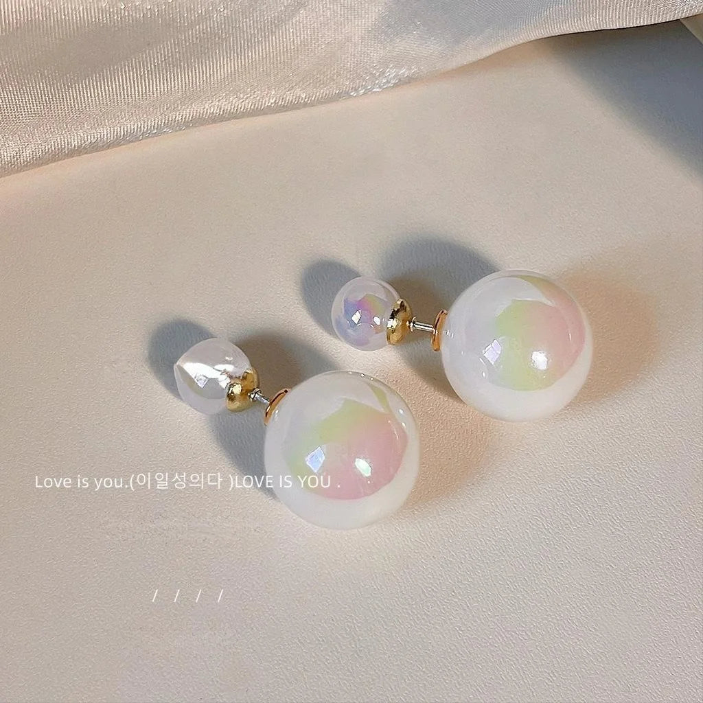 Two Way Resin Iridescent Pearl Stud Earrings With Silver Plated Pins Minimalist Korean Geometric Style