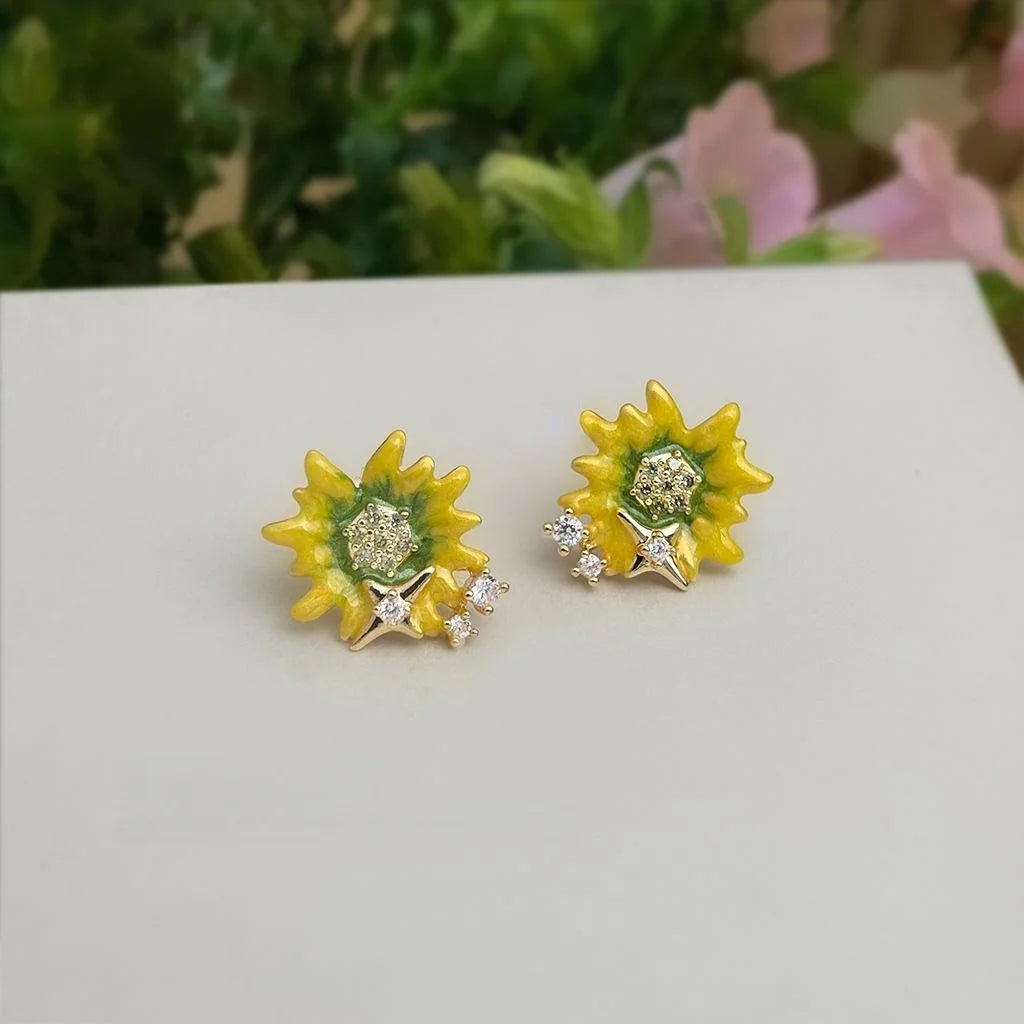 Luxury 14K Gold Plated Copper Zircon Enamel Sunflower Stud Earrings