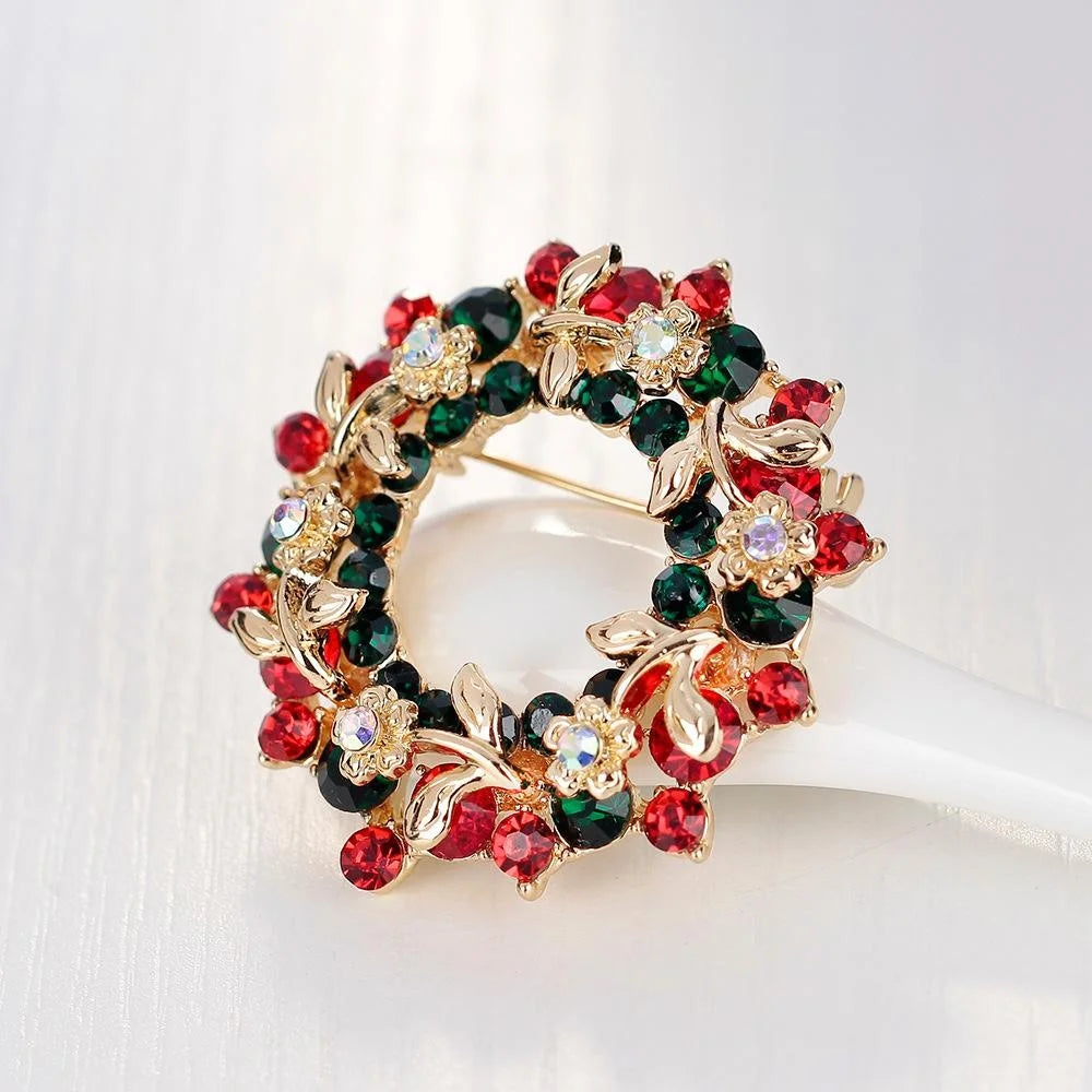 Elegant Christmas Wreath Brooch With Red Green Rhinestones And Gold Alloy Leaves, Lapel Pin Corsage Gift