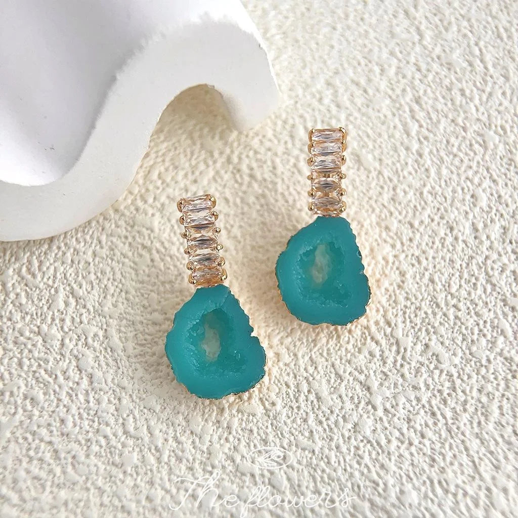 Ice Blue Resin Zircon Drop Earrings Irregular Geometric Ethnic Style Micro Pave Jewelry